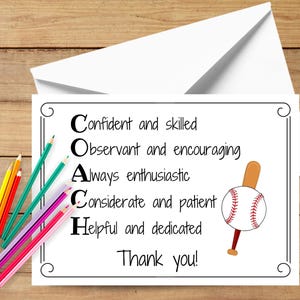 Baseball Coach Thank You Card, Printable Team Gift