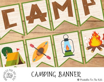 Cartel de banner de camping, cumpleaños de camping imprimible, banner de fiesta de campamento, cartel de campamento para dormir, tablón de anuncios de banner de regreso a la escuela, campamento familiar