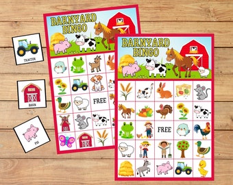 May include: Two red and white bingo cards with a barnyard theme. The cards feature images of farm animals, a barn, a tractor, a pig, a sunflower, a rooster, a duck, a turkey, a hay bale, a donkey, a mouse, a sheep, a frog, a free space, and a red barn with a rooster on top. The cards are printed on white cardstock and have a red border.