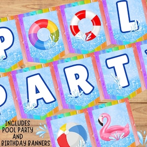 Banner de cumpleaños para fiesta en la piscina, decoraciones de cumpleaños con pelota de playa, fiesta de verano en la piscina, banner de feliz cumpleaños para fiesta en la piscina, decoración imprimible para fiesta en la piscina