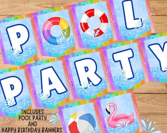 Verjaardagsbanner zwembadfeest: afdrukbaar zomerstrandthema
