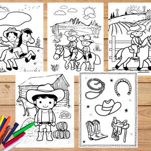 Pagine da colorare del selvaggio West, foglio da colorare del cowboy, pagina da colorare della cowgirl stampabile, festa di compleanno a tema western, bomboniera per la festa di compleanno del cowboy