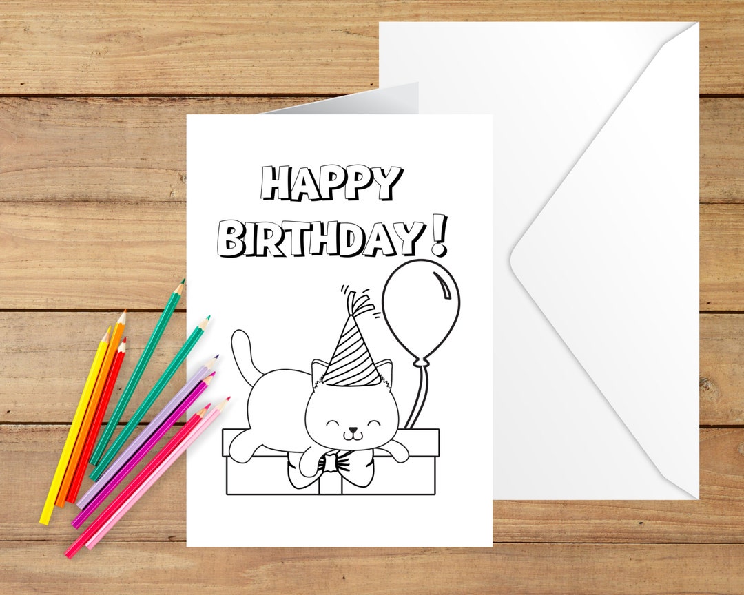 Cat Birthday Card, Kitty Birthday Party, Printable Coloring Card ...