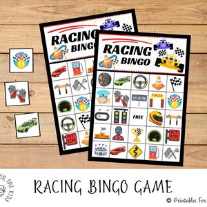 Racing verjaardagsfeestje, raceauto bingospel, afdrukbare partygames, racebaanverjaardag, kinderfeestspellen