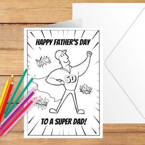 Cartão de Dia dos Pais, Feliz Dia dos Pais de Super-herói, Cartão para colorir de Super Pai, Cartão para imprimir de Dia dos Pais, Página para colorir de Super-herói Pai