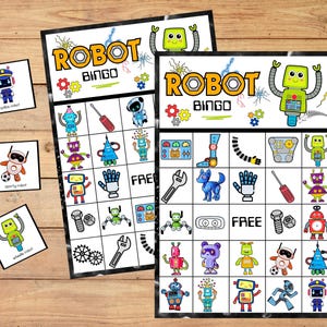 Könnte beinhalten: Ein druckbares Roboter-Bingo-Spiel mit einem 5x5-Raster. Das Spiel enthält Bilder von Robotern mit verschiedenen Merkmalen, wie Rädern, Antennen und Zahnrädern. Das Spiel enthält auch Bilder von Werkzeugen, wie Schraubendrehern und Schraubenschlüsseln. Das Spiel heißt "Robot Bingo".
