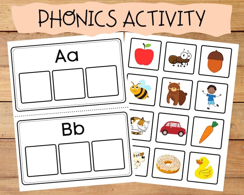 May include: A printable phonics activity worksheet with pictures of an apple, ant, acorn, bee, bear, boy, cat, car, carrot, dog, donut, and duck. The worksheet has two sections, one for the letter "Aa" and one for the letter "Bb".