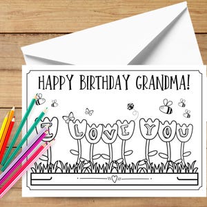 Cartão de aniversário para avó dos netos, cartão de feliz aniversário para avó para imprimir, cartão para colorir para avó, cartão de aniversário com flores para avó