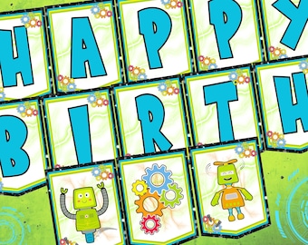 Banner de cumpleaños de robot: decoración de fiesta imprimible DIY
