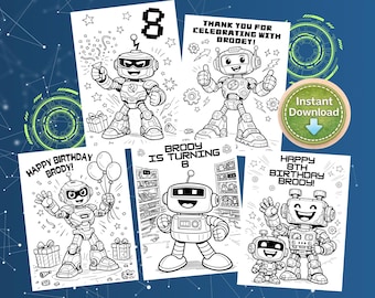 Personalized Robot Birthday Coloring Pages, Printable Activity, Kids Party Favor