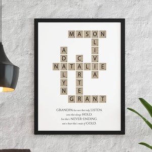 Personalized Family Name Sign, Crossword Scrabble Print, Father's Day Gift, Gift for Grandpa, Custom Family Letter Tile Print, Name Puzzle