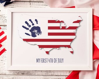 First 4th of July Independence Day Handprint Footprint Art Craft, USA Map American America Child DIY Baby Kids, Toddler Preschool Art Craft