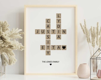 Personalized Family Name Sign, Crossword Scrabble Print, Custom Family Letter Tile Print, Name Puzzle, Last Name Sign, Best Friend Gifts