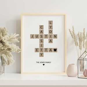 Personalized Family Name Sign, Crossword Scrabble Print, Custom Family Letter Tile Print, Name Puzzle, Last Name Sign, Best Friend Gifts image 1