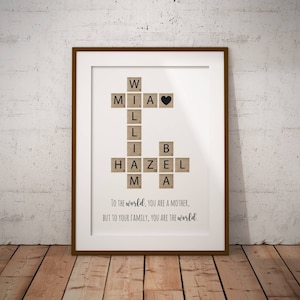 Personalized Family Name Sign, Grandma Mothers Day Gift, Crossword Scrabble Print, Custom Family Letter Tile Print, Name Puzzle