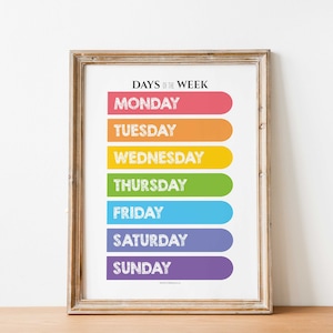 Tage der Woche Lernposter Wandkunst Poster, Spielzimmer Drucke, Montessori Klassenzimmer Dekor, Homeschool Lernen Drucke für Kinder