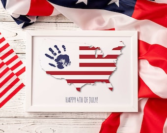 4th of July Independence Day Handprint Footprint Art Craft, USA Map American America Child DIY Baby Kids Card, Toddler Preschool Art Craft