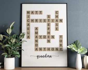 Family Name Sign Unique holiday Gift for Mom, Grandma Mothers Day Gift, Crossword Scrabble Print, Family Letter Tile Print, Name Puzzle