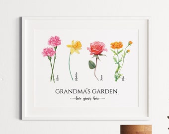 Grandma's Garden Christmas Gift For Grandmother, Custom Grandkids Birthday Month Flowers Print, Personalized Family Gift For Grandparent