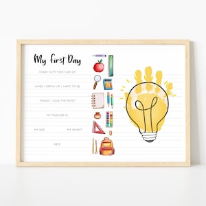 First Day of School Board Sign Handprint, Back to School Kindergarten Pre-K Daycare Preschool Day Home DIY Teacher Child Handprint Keepsake
