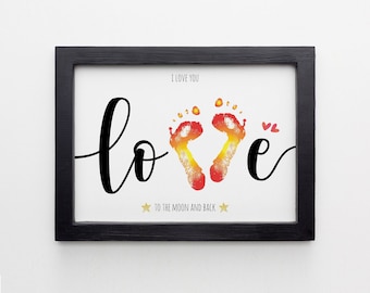 LOVE to the Moon and Back Footprint Art Craft, Herz Liebe Muttertag, Valentinstag, DIY Baby Kinder Karte, Dekor Kinderzimmer Erinnerung Andenken