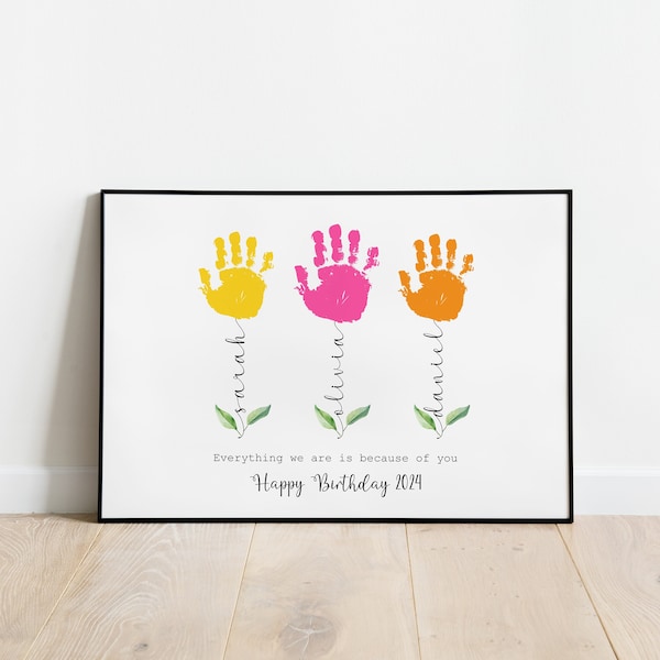 Personalized Mom handprint gift for Mother's Day or Birthday. Flower Handprint craft for kids. Printable handprint art for mimi, grandma