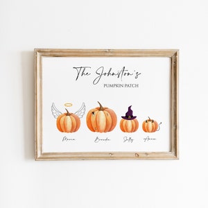 Peut inclure: Un portrait de famille imprimable sur le thème d'Halloween avec le texte "The Johnston's Pumpkin Patch". Quatre citrouilles sont décorées d'accessoires sur le thème d'Halloween, notamment une auréole, une araignée, un chapeau de sorcière et des cornes de diable. Chaque citrouille est étiquetée avec un nom : Maria, Brandon, Sally et Aaron.