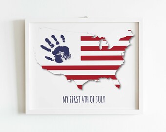 First 4th of July Independence Day Handprint Footprint Art Craft, USA Map American America Child DIY Baby Kids, Toddler Preschool Art Craft