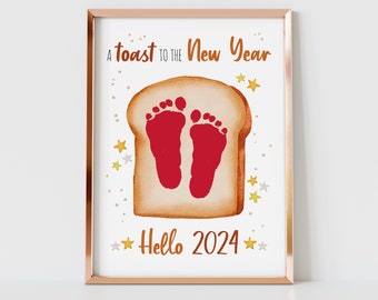 Neujahr 2024 Kunst Handwerk, Handabdruck Fußabdruck Kunst, Toast auf das neue Jahr, Baby Kinder Kleinkind Hände Fuß Füße, Happy New Year Andenken Karte