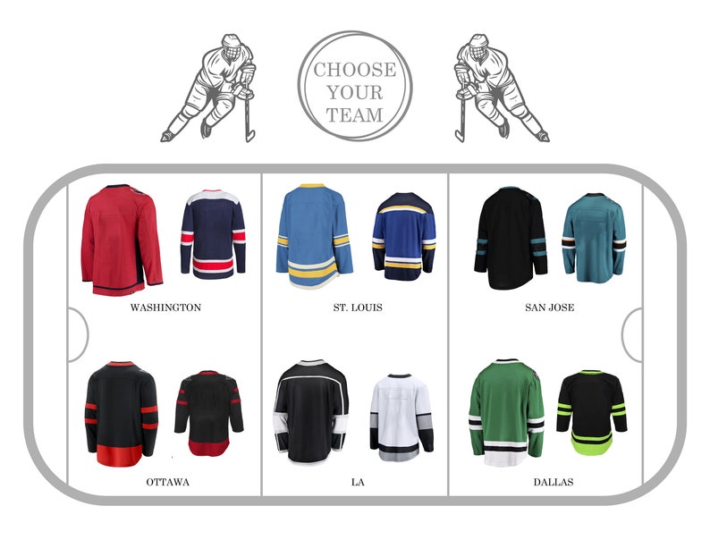 Op de afbeelding: Een collage van negen hockeytruien, elk representatief voor een ander NHL-team. De truien worden weergegeven op een witte achtergrond met de teamnaam onder elke trui. De teams die worden weergegeven zijn Washington, St. Louis, San Jose, Ottawa, LA en Dallas.