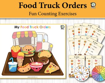 pre k 5 worksheets My Food Truck Orders Counting Toddler Activities, Preschool Workbook, Toddler Busy Book, Preschool Worksheets, Montessori Quiet Book Page