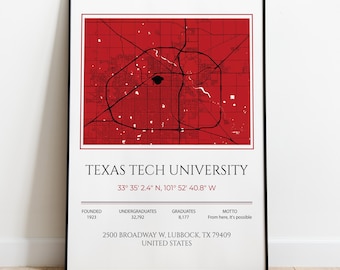 Impression de carte de l'université Texas Tech, meilleur cadeau de remise des diplômes universitaires, cadeau d'étudiant de première année de l'université Ivy, affiche de carte, cadeau meilleur ami d'université