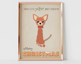 クリスマスの手形アートクラフト、チワワ犬の赤ちゃんの子供の足形、犬