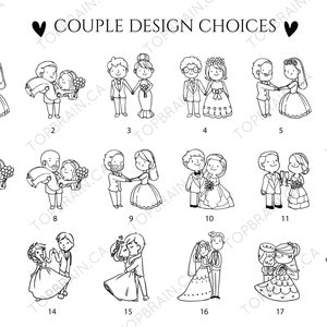 Pu&ograve; includere: Illustrazioni in bianco e nero di coppie, numerate da 1 a 18, con il testo "COUPLE DESIGN CHOICES" in alto. Ogni disegno raffigura una sposa e uno sposo, adatto per prodotti a tema matrimonio.