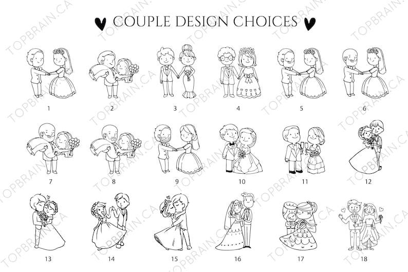 Pu&ograve; includere: Illustrazioni in bianco e nero di coppie, numerate da 1 a 18, con il testo "COUPLE DESIGN CHOICES" in alto. Ogni disegno raffigura una sposa e uno sposo, adatto per prodotti a tema matrimonio.