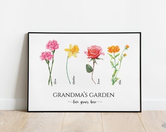 Grandma's Garden Christmas Gift For Grandmother, Custom Grandkids Birthday Month Flowers Print, Personalized Family Gift For Grandparent