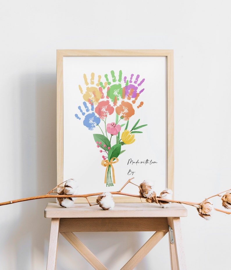 Custom Valentine Art Print Handprint Love Keepsake Floral Bouquet Mom Mother Meaningful Gift for Her DIY Craft Kid Children Toddler Activity image 3