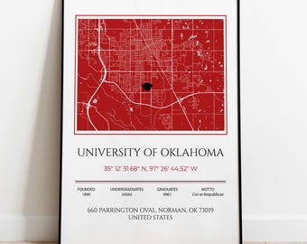 Impression de carte de l'Université de l'Oklahoma, cadeau de fin d'études universitaire, cadeau de première année de l'université Ivy, affiche de carte, cadeau meilleur ami d'université