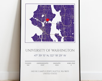 Impression personnalisée de cadeau de remise de diplôme universitaire, carte de l'Université de Washington, cadeaux de remise de diplôme pour elle, cadeau pour étudiant universitaire,