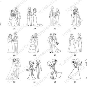 Pu&ograve; includere: Una collezione di illustrazioni in bianco e nero che raffigurano varie scene di matrimonio. Le immagini mostrano coppie in abiti da sposa, che si abbracciano, si tengono per mano e ballano. Lo stile &egrave; semplice ed elegante.