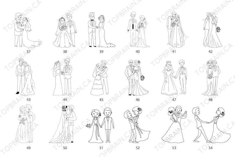 Pu&ograve; includere: Una collezione di illustrazioni in bianco e nero che raffigurano varie scene di matrimonio. Le immagini mostrano coppie in abiti da sposa, che si abbracciano, si tengono per mano e ballano. Lo stile &egrave; semplice ed elegante.
