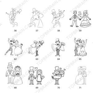 Pu&ograve; includere: Una collezione di disegni a tratto in bianco e nero che raffigurano varie scene di matrimonio. Le illustrazioni mostrano coppie in diverse pose, tra cui ballare, tenersi per mano e una proposta. Le immagini sono numerate.
