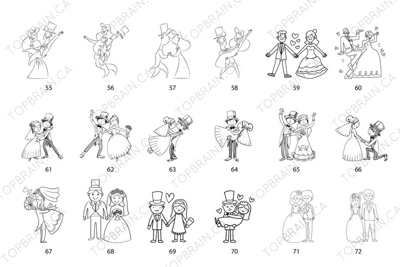 Pu&ograve; includere: Una collezione di disegni a tratto in bianco e nero che raffigurano varie scene di matrimonio. Le illustrazioni mostrano coppie in diverse pose, tra cui ballare, tenersi per mano e una proposta. Le immagini sono numerate.