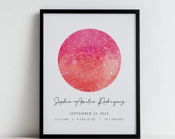 Impression personnalisée de carte des étoiles, nuit de votre naissance, cadeau pour nouveau-né, étoiles dans le ciel nocturne, affiche étoiles au-dessus de la carte, cadeau impression constellation de mariage