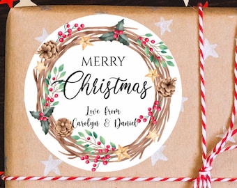 Personalised Christmas Wreath Gift Tag Stickers, Customisable Christmas Stickers, Watercolor Stickers, Christmas Gift Labels, Pine Stickers