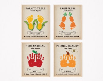 May include: Four vintage-style signs with handprint illustrations of vegetables and fruits. The signs advertise farm-fresh produce, including sweet corn, carrots, apples, and pumpkins. Each sign features a different slogan, such as "Farm to Table" and "Premium Quality".