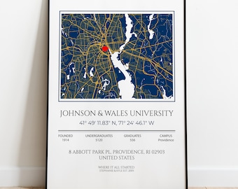 Impression personnalisée de carte de l'université Johnson & Wales, cadeau de remise des diplômes (fichier numérique ou impression physique)