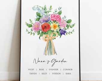 Birth Flower Art Print Bouquet Grandmas Garden Birthflower Custom Digital Download Personalized Gift Mothers Day Birth Month Art Family