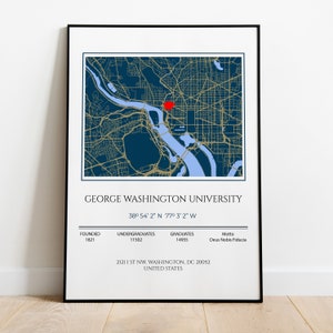 Stampa regalo di laurea universitaria personalizzata, mappa della George Washington University, regali di laurea per lei, regalo per studente universitario,