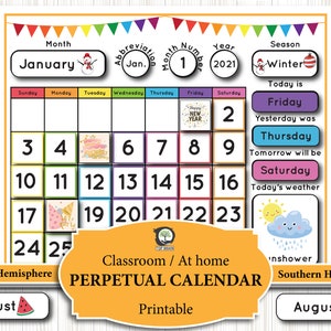 Calendrier perpétuel imprimable, tableau de calendrier de classe de calendrier pour enfants, programme préscolaire, matériaux Montessori, États-Unis, Royaume-Uni, Australie